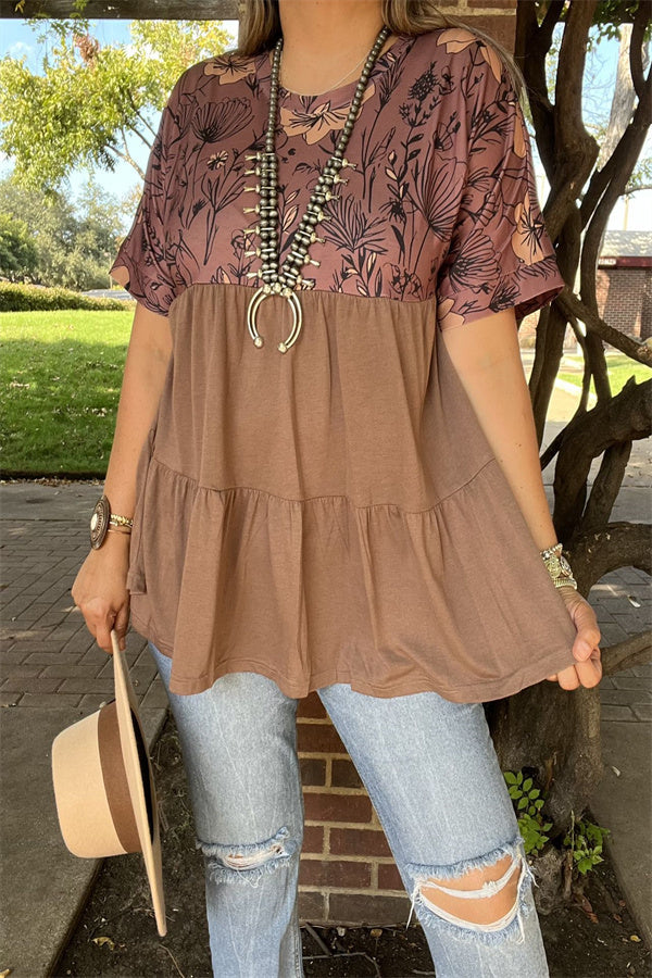 Brown floral printed & tan baby doll women blouse GJQ15652 (CS4)