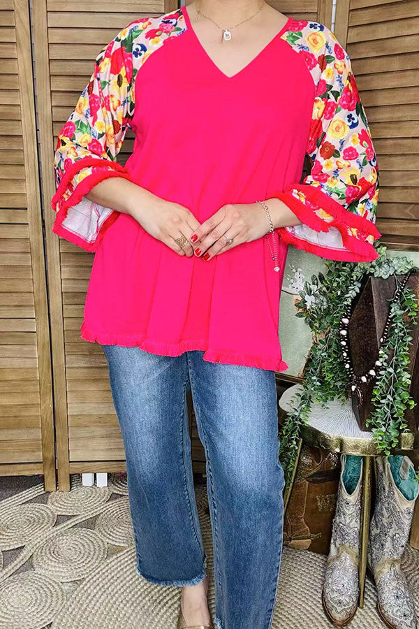 Women top wholesale Fuchsia & floral 3/4 raglan sleeves w/tassels GJQ15231 (CS4)