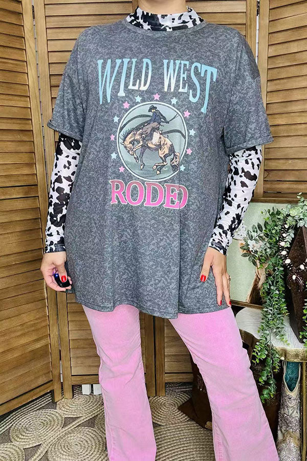 Plus size T-shirt wholesale "WILD WEST RODEO"Western gray women tops XCH14272 (CS10)