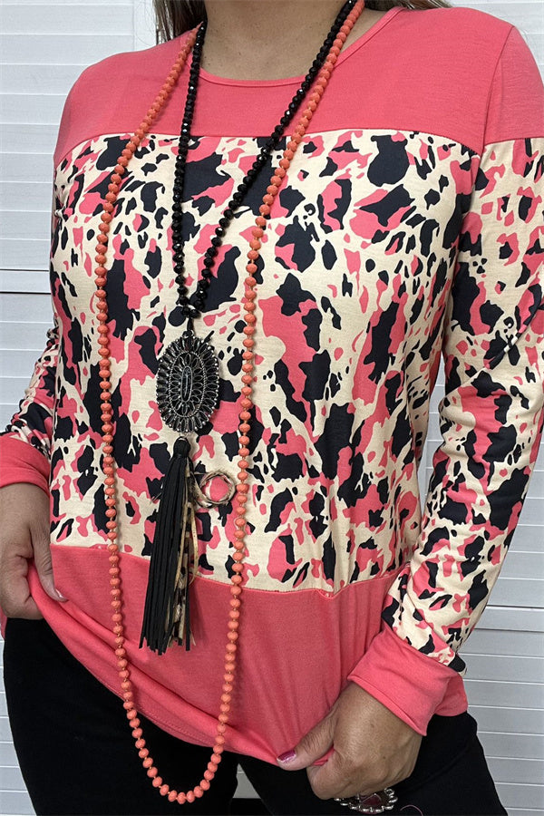 Coral long sleeve top w/multi color leopard printed for women YMY13358 (CS7)