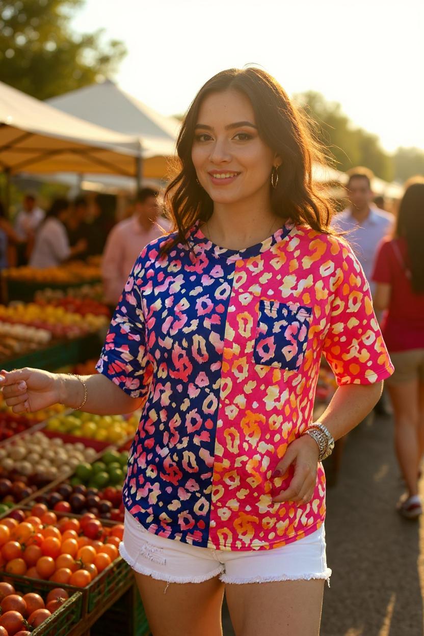 Half leopard printed patterns short sleeve top w/pocket women tops YMY13878 CS10